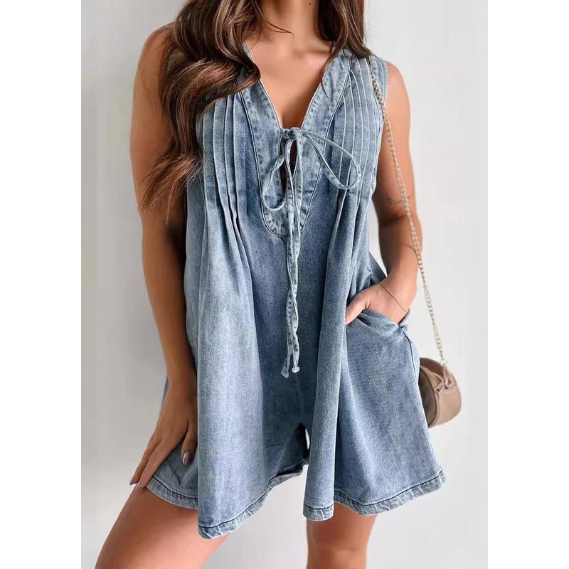 Simple Blue Wrinkled Denim Shorts Jumpsuit Sleeveless