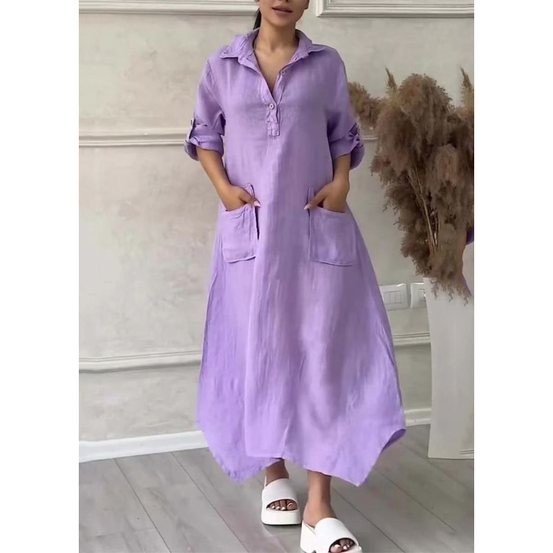 Simple Lavender Peter Pan Collar Pockets Linen A Line Dresses Summer