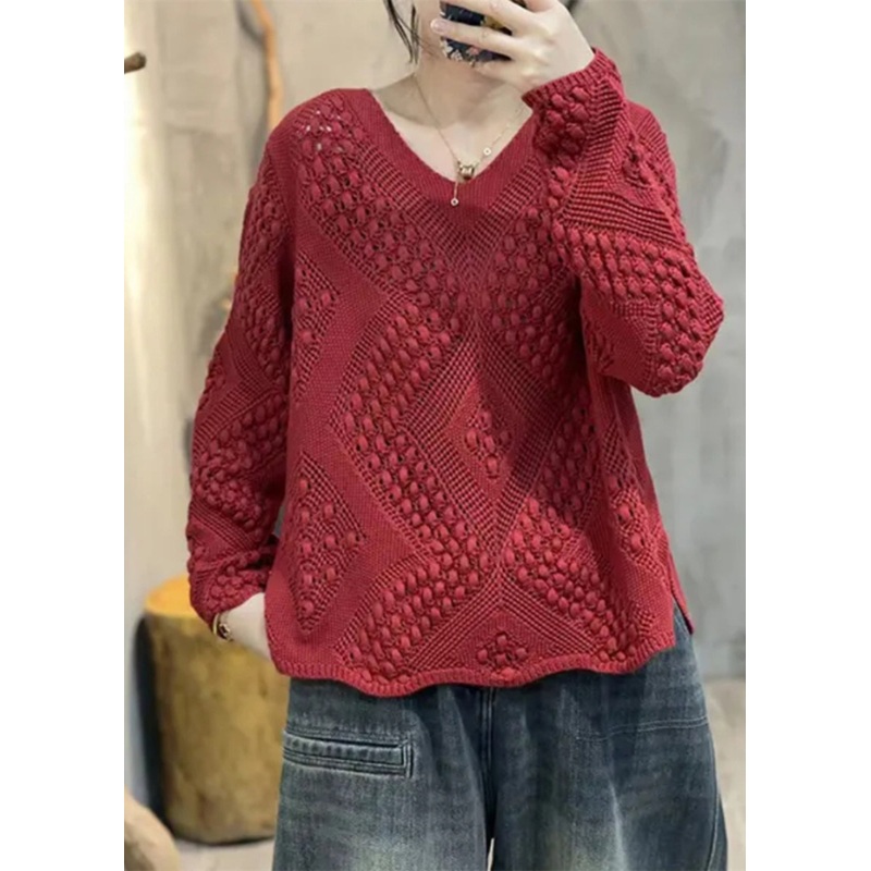Simple Red Oversized Hollow Out Knit Pullover Spring