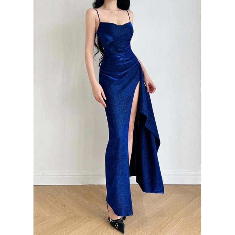 Slim Fit Blue Front Open Solid Spaghetti Strap Dress Sleeveless