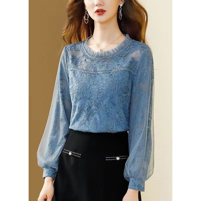 Slim Fit Blue Ruffled Button Lace Shirt Spring