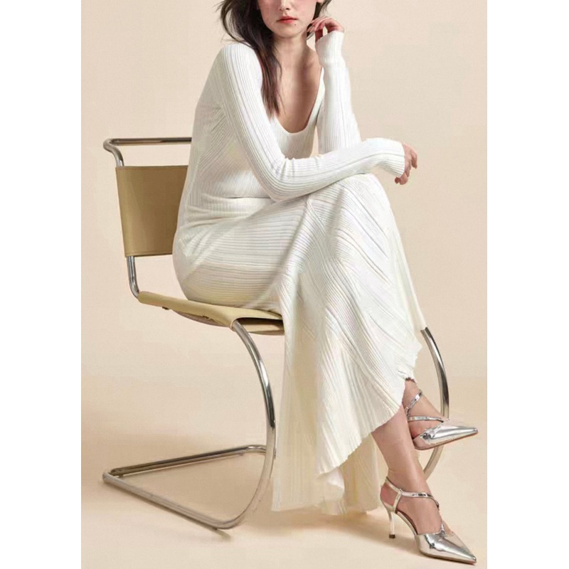 Slim Fit White V Neck Solid Knit Long Dress Fall