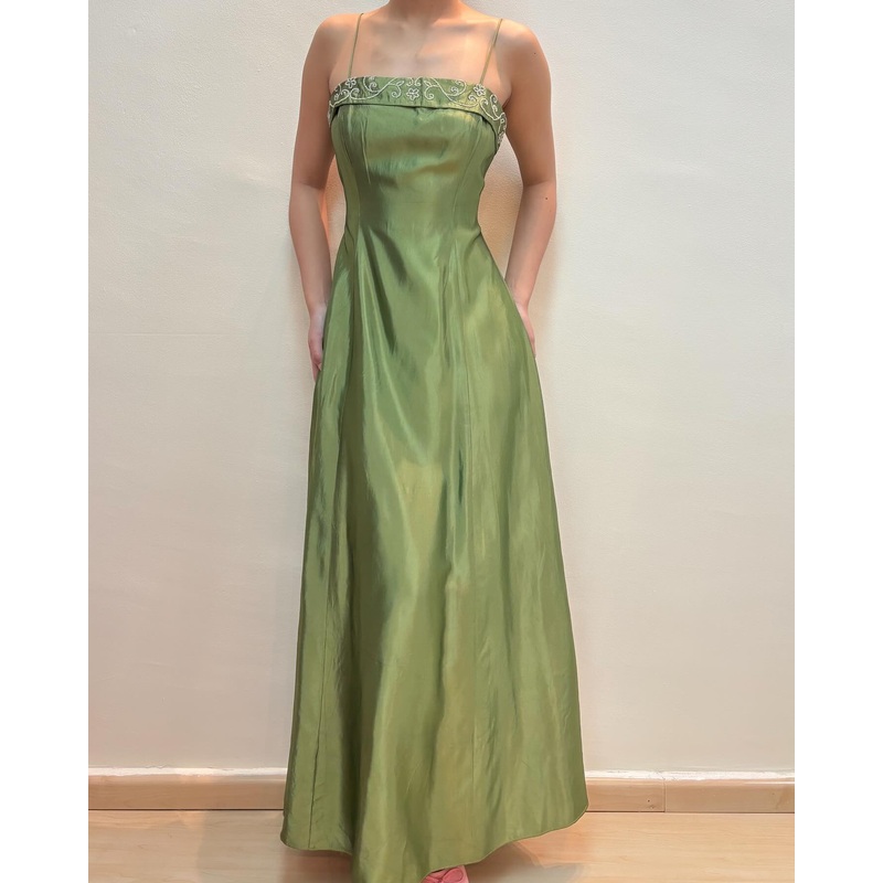 Spaghetti Straps A Line Green Formal Dress Vintage Evening Gown J6243
