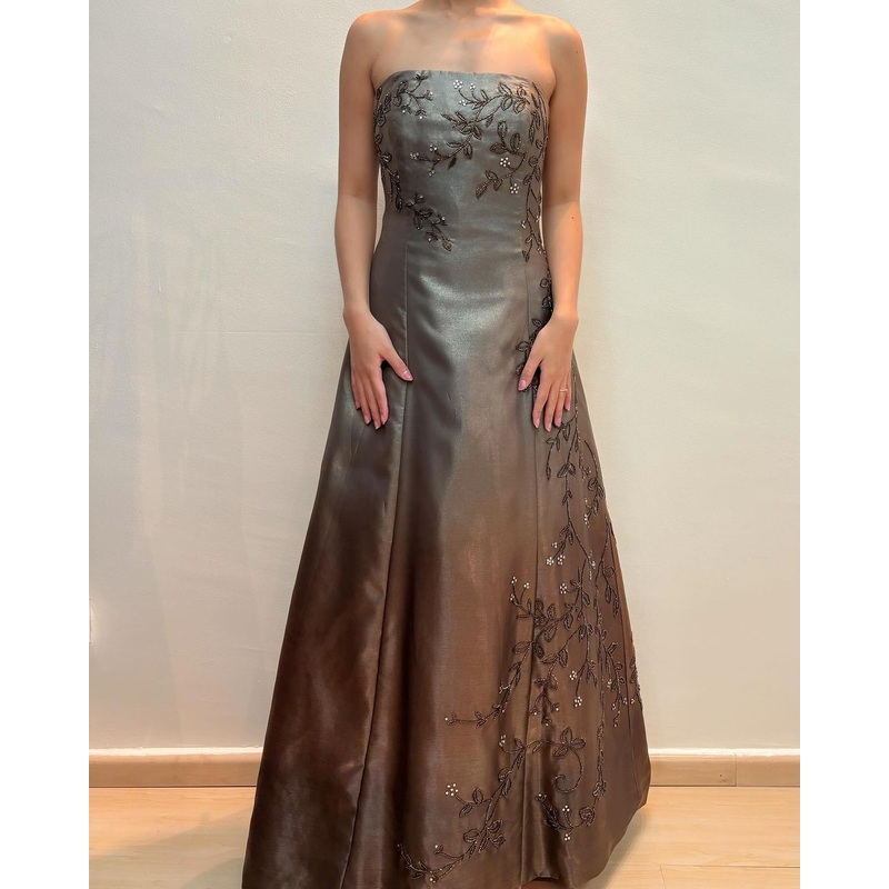 Strapless Beaded A Line Long Prom Dress Vintage Evening Dress J5140