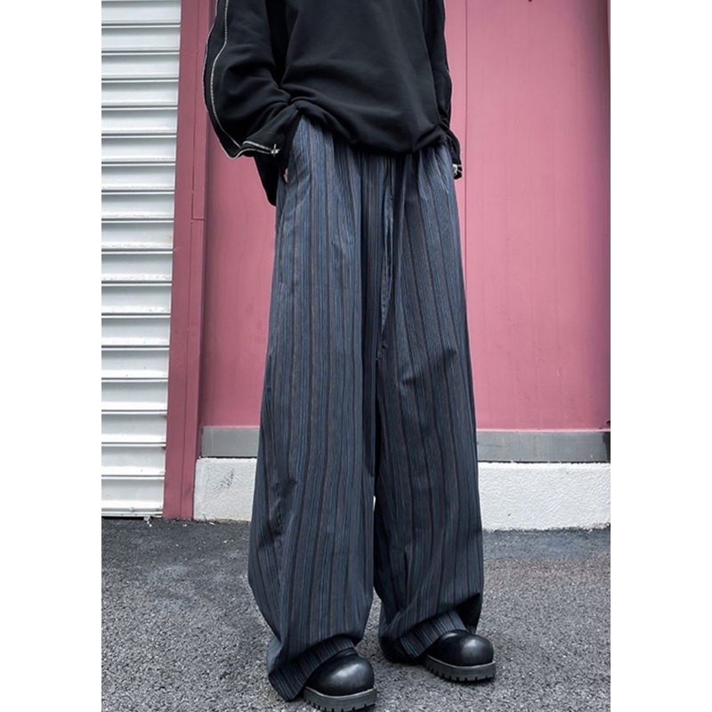 Striped Black Pockets Elastic Waist Cotton Mens Wide Leg Pants Fall
