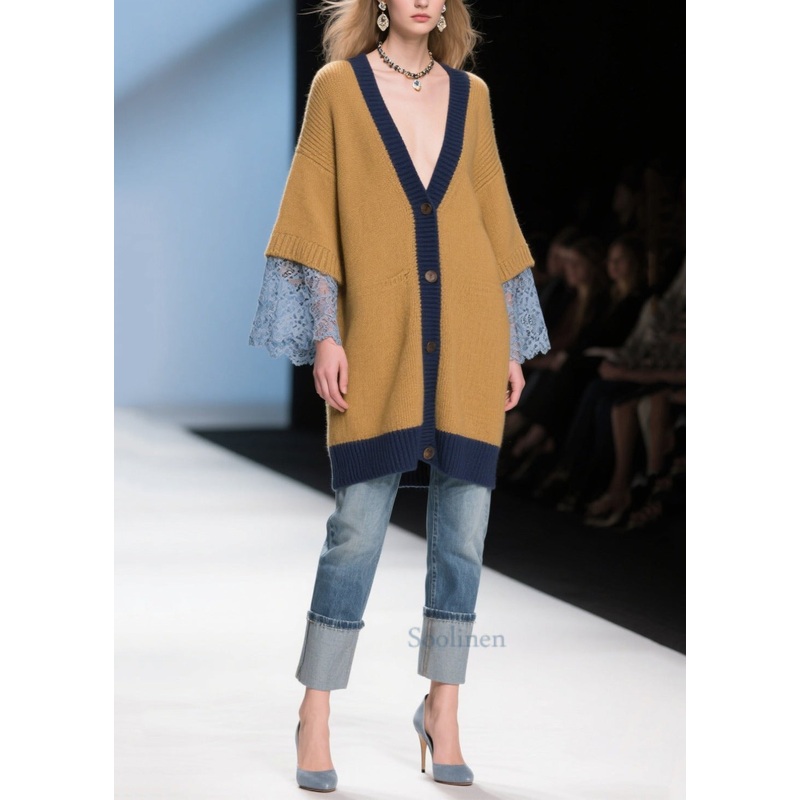 Style Brown Oversized Patchwork Lace Knit Long Cardigan Winter