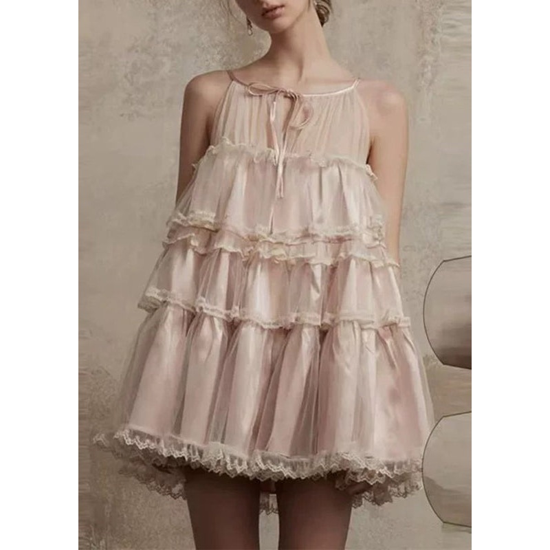 Style Pink O-Neck Ruffled Lace Patchwork Tulle Mid Dress Summer
