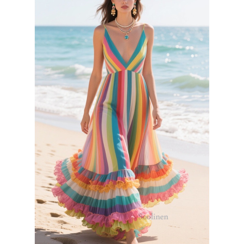 Style Rainbow Ruffled Striped Chiffon Cami Dress Summer