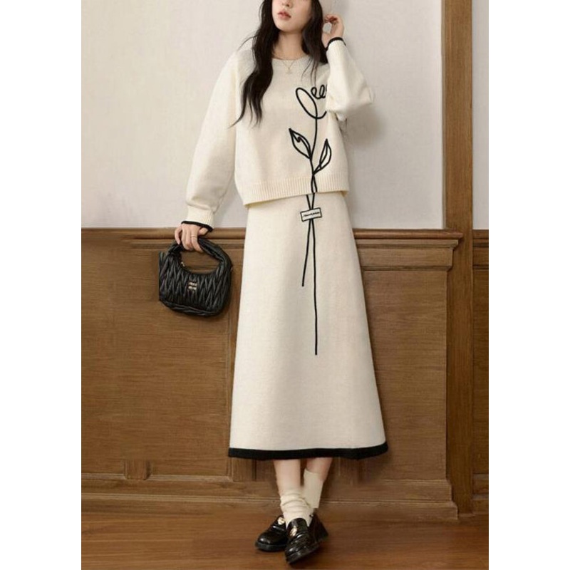 Stylish Beige O Neck Sweaters And Skirts Knit Two Pieces Set Spring