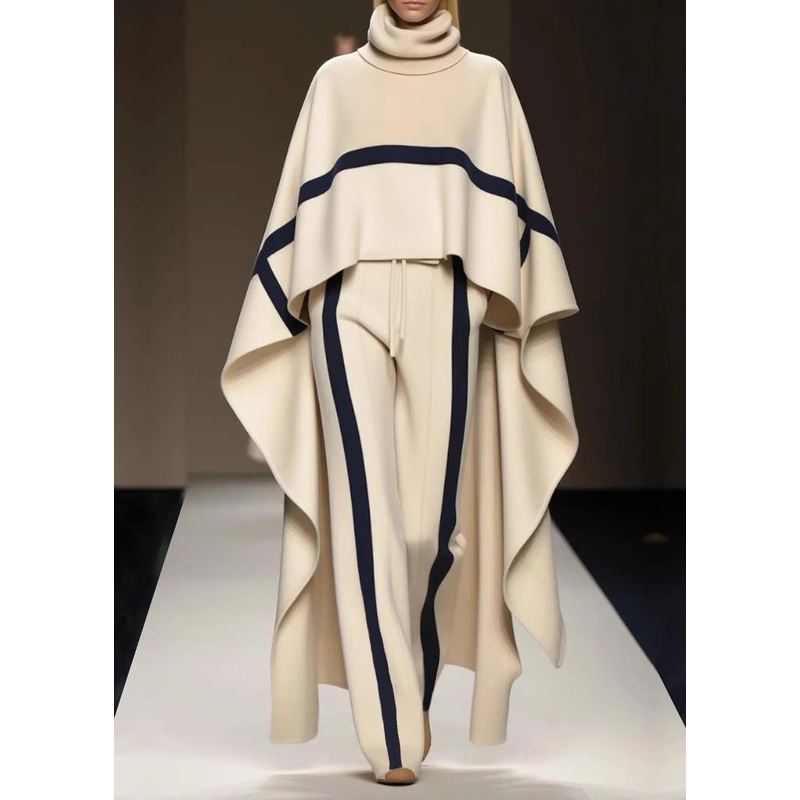 Stylish Beige Turtleneck Striped Top And Pants Two Pieces Set Batwing Sleeve