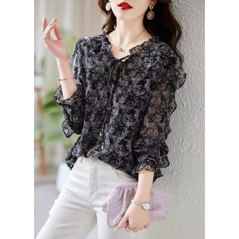 Stylish Black Ruffled Lace Up Chiffon Shirts Spring