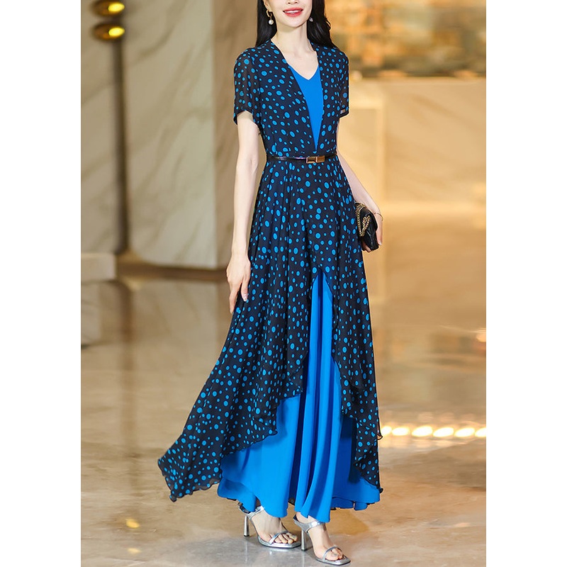 Stylish Blue Dot Print Asymmetrical Patchwork Chiffon Dresses Summer