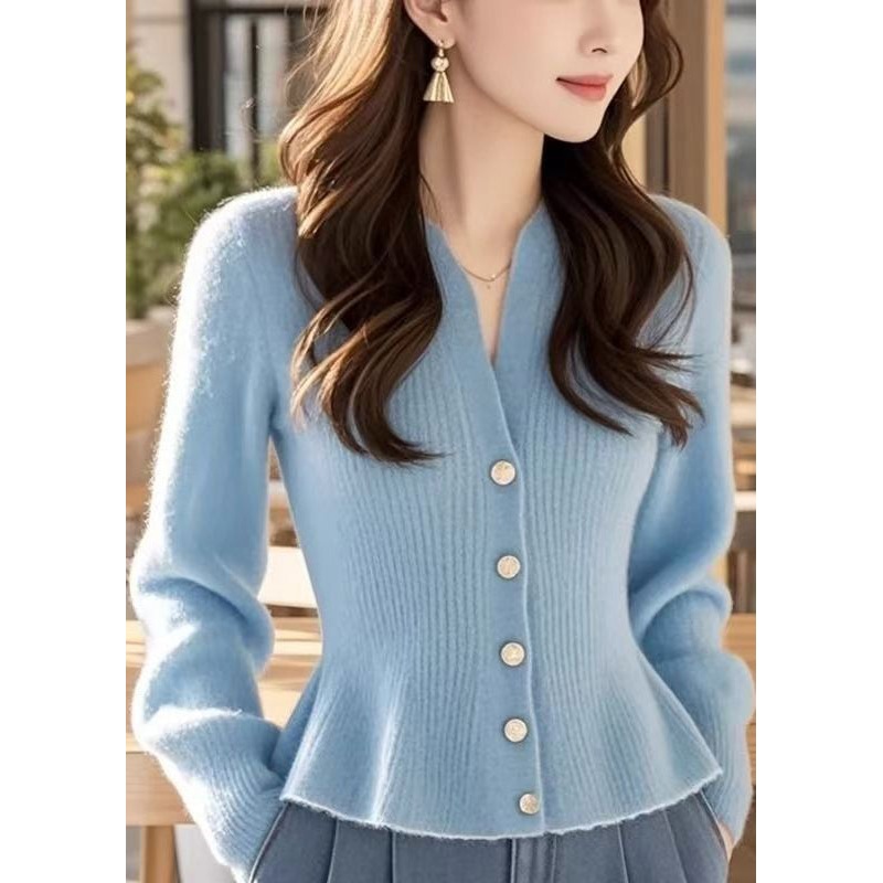 Stylish Blue V Neck Button Solid Knit Sweater Spring