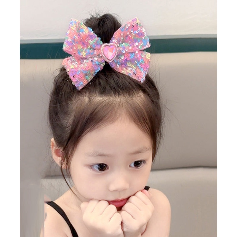 Stylish Rainbow Alloy Love Pearl Bow Sequins Kids Hairpin