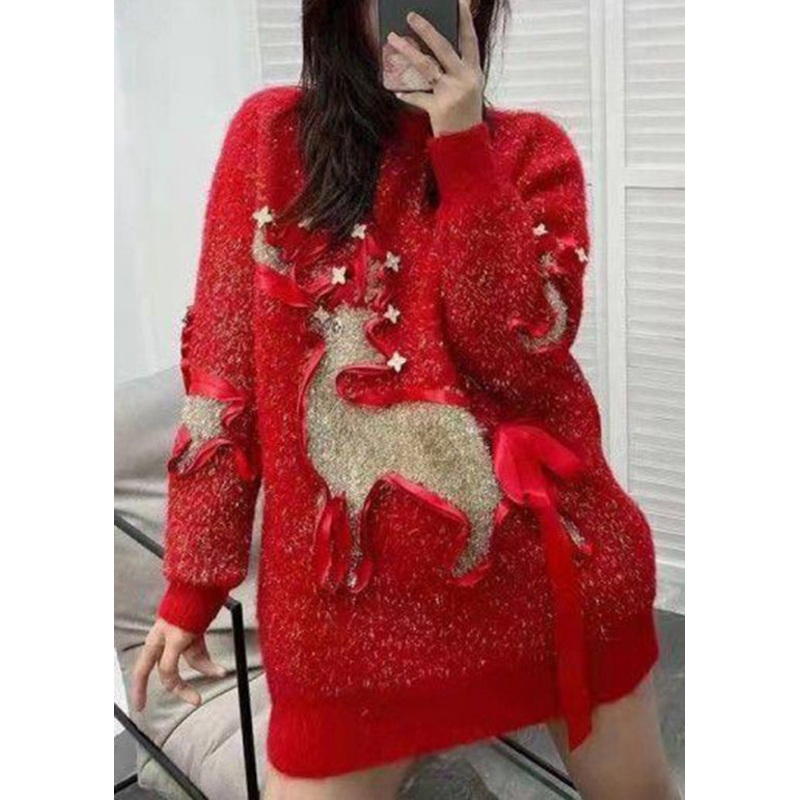 Stylish Red O Neck Patch Loose Knit Sweaters Spring