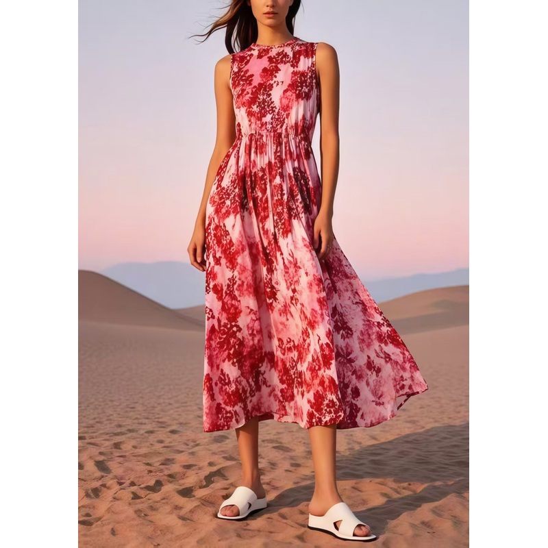Stylish Red Print Cotton Robe Dresses Sleeveless