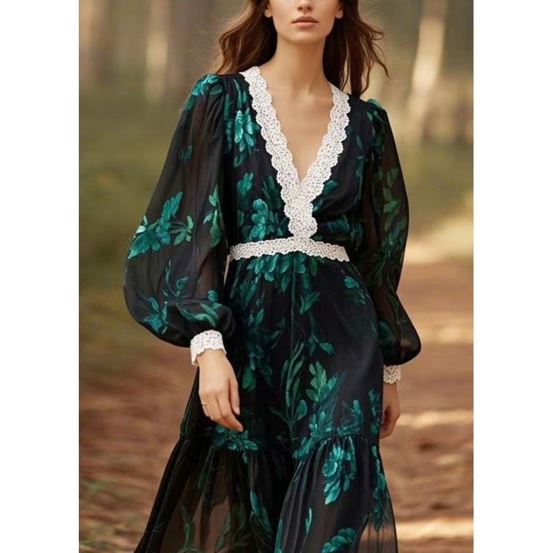 Unique V Neck Print Lace Patchwork Chiffon Dresses Spring