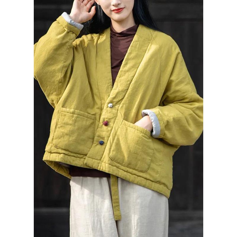Vintage Yellow V Neck Pockets Fine Cotton Filled Coats Winter