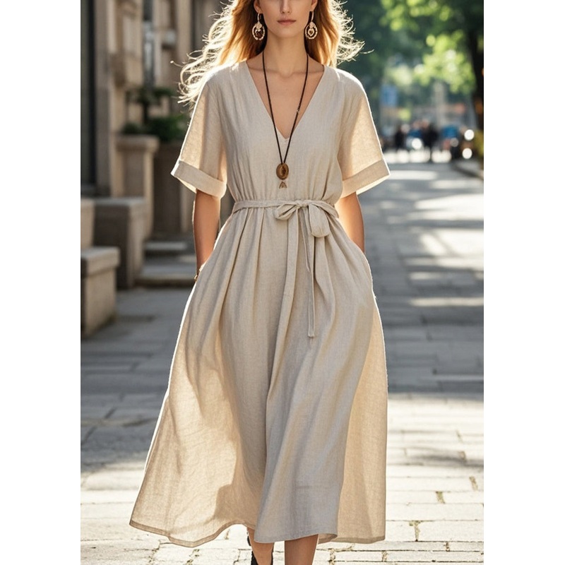 Women Apricot Tie Waist Cotton Long Dresses Summer