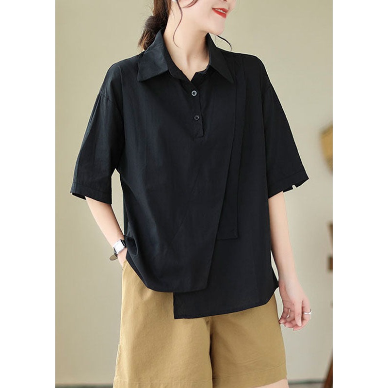 Women Black Peter Pan Collar Asymmetrical Design Cotton Top Summer