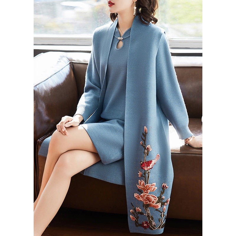 Women Blue Floral Zircon Knit Two Piece Set Clothing Spring