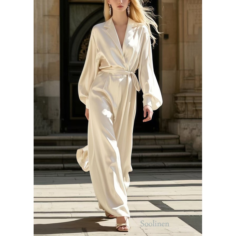 Women Milk White Notched Tie Waist Silk Overalls Jumpsuit Spring