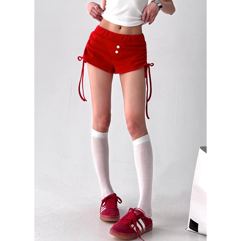 Women Red Lace Up Elastic Waist Cotton Shorts Summer