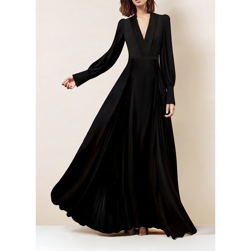 Art Black V Neck Slim Fit Silk Long Dress Spring