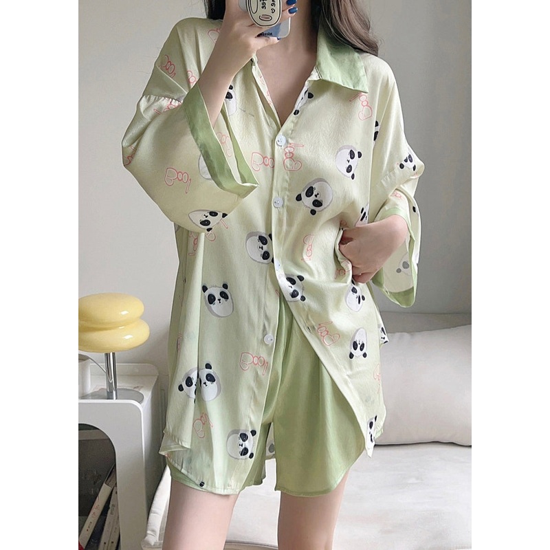 Beautiful Green Print Shirts And Shorts Ice Silk Pajamas Two Pieces Set Spring
