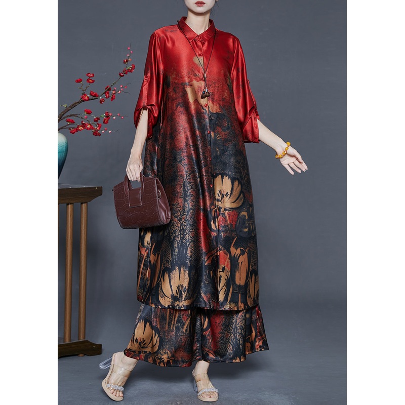 Beautiful Red Oversized Print Silk Two Piece Set Outfits Spring