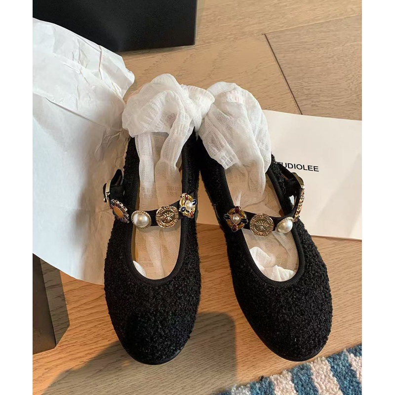 Black Women Woolen Splicing Flat Shoes Buckle Strap