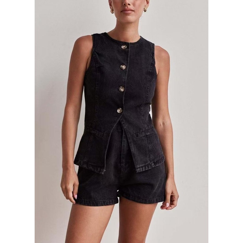 Bohemian Black O-Neck Side Open Denim Two Pieces Set Sleeveless