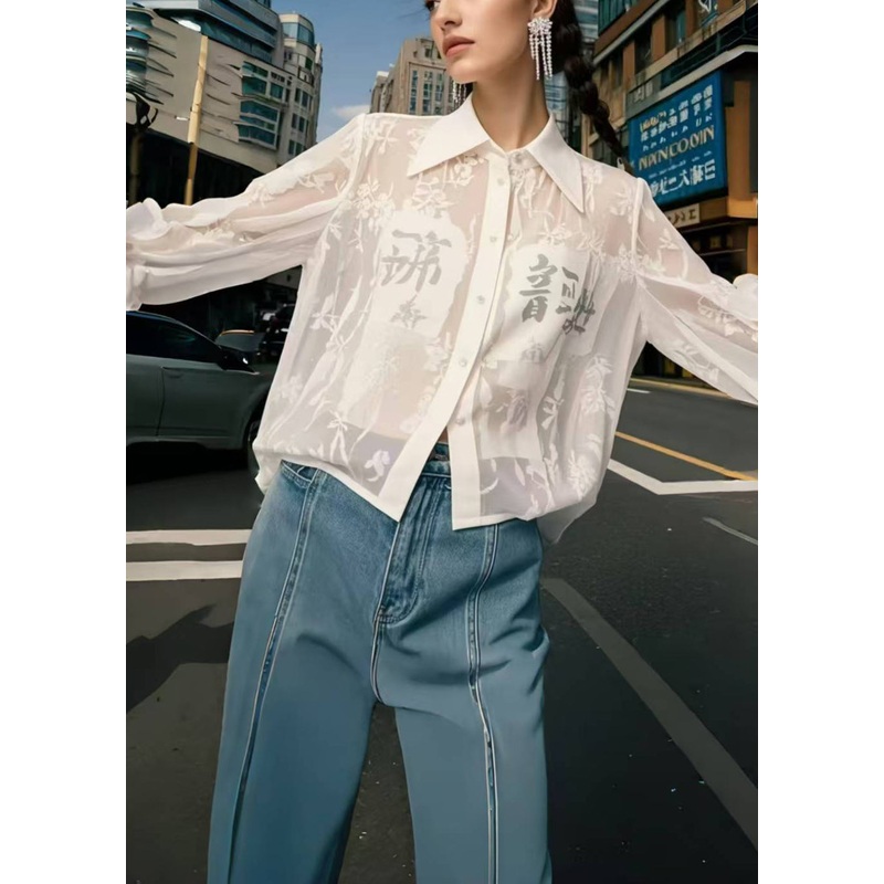 Bohemian White Print Chiffon UPF 50+ Shirts Spring