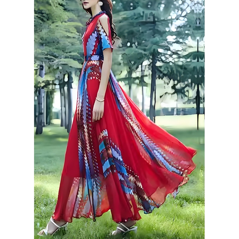 Boho Red O Neck Print Chiffon Long Dress Summer
