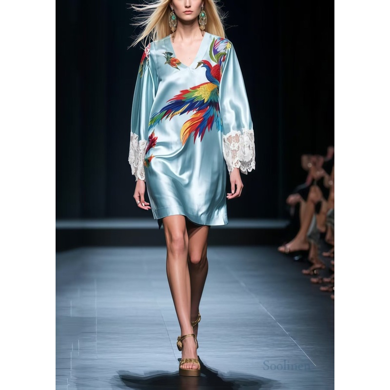 Boho Sky Blue Phoenix Print Patchwork Lace Tea Dresses Summer