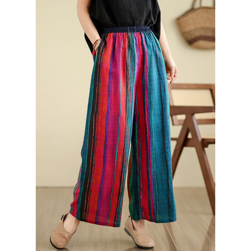 Boutique Colorblock Pockets Striped Linen Wide Leg Pants Summer