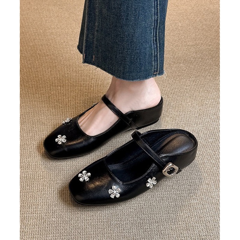 Boutique Splicing Wedge Black Faux Leather Slide Sandals Zircon