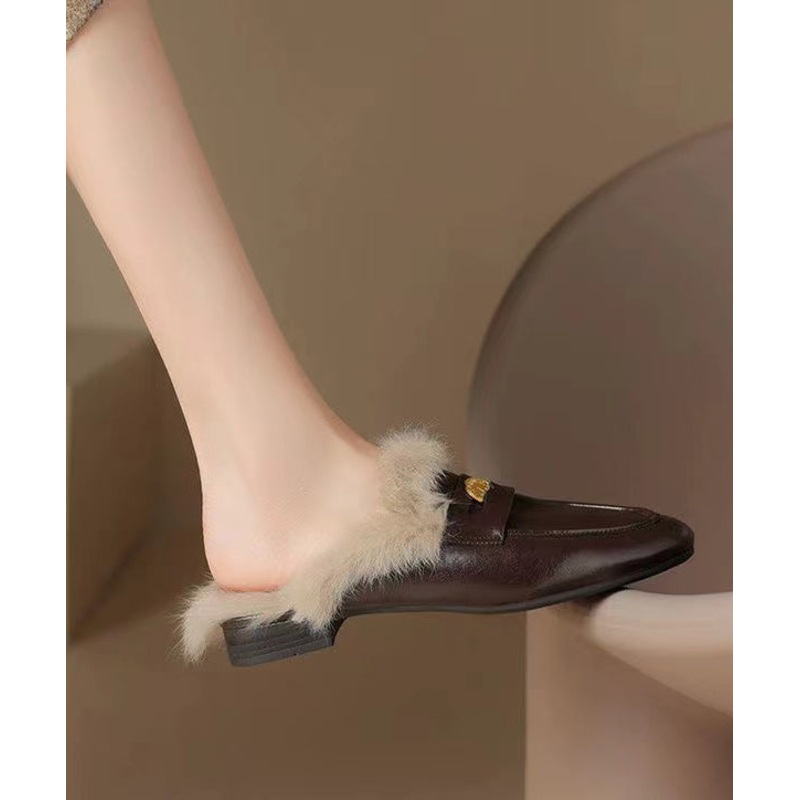 Brown Cowhide Leather Fuzzy Wool Lined Splicing Loafers Slippers