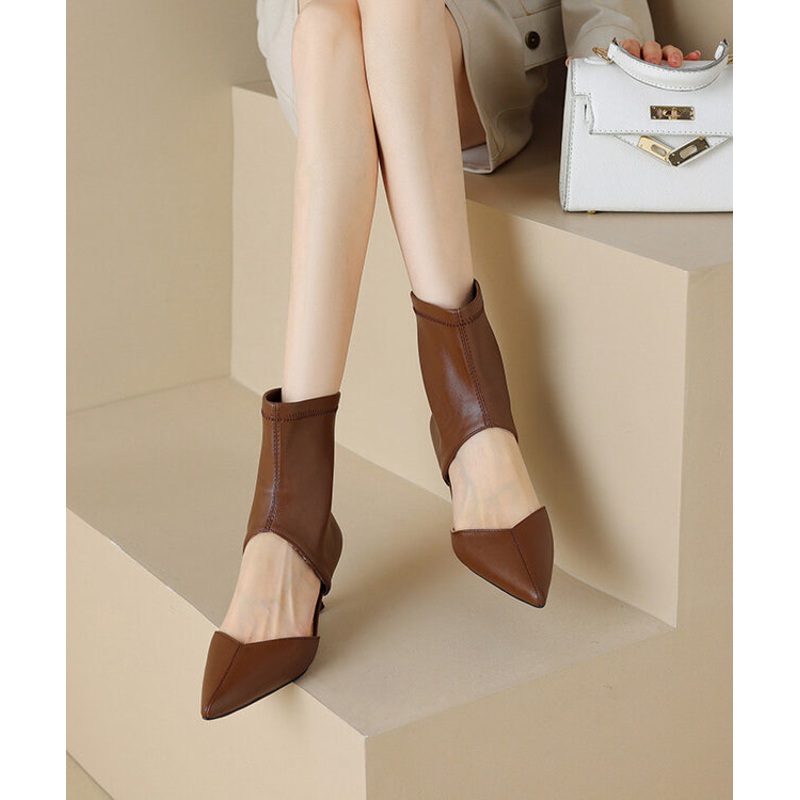 Brown High Heels Faux Leather Fashion Splicing Boots Hollow Out