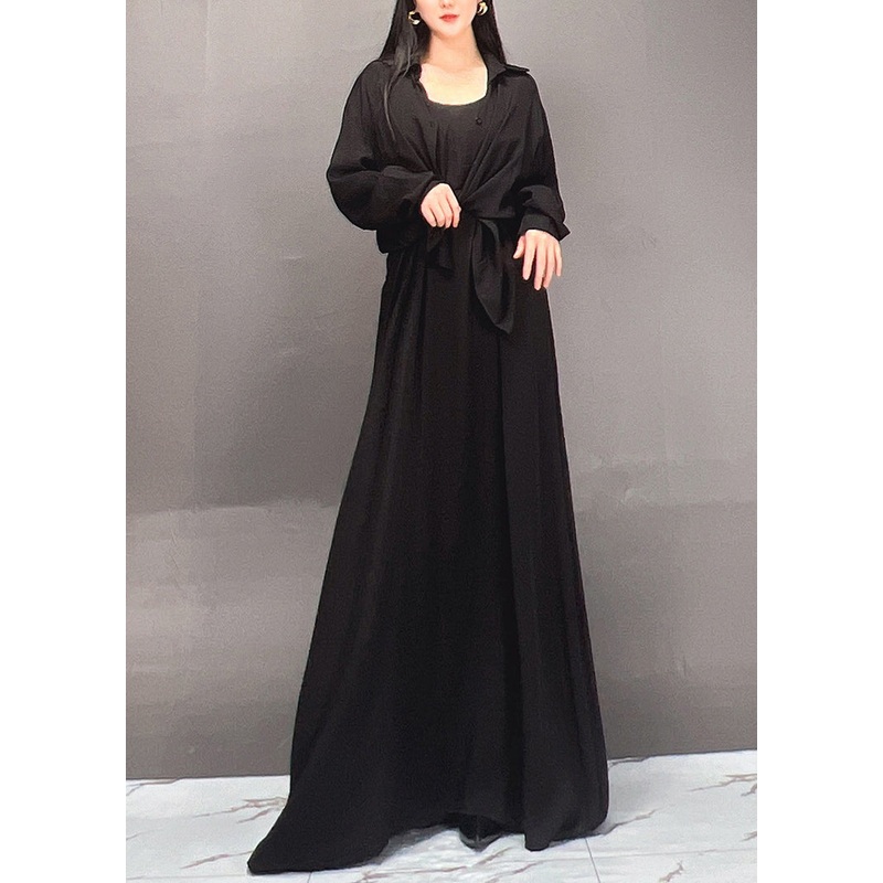Casual Black Peter Pan Collar Solid Shirts And Maxi Skirts Two Piece Set Spring