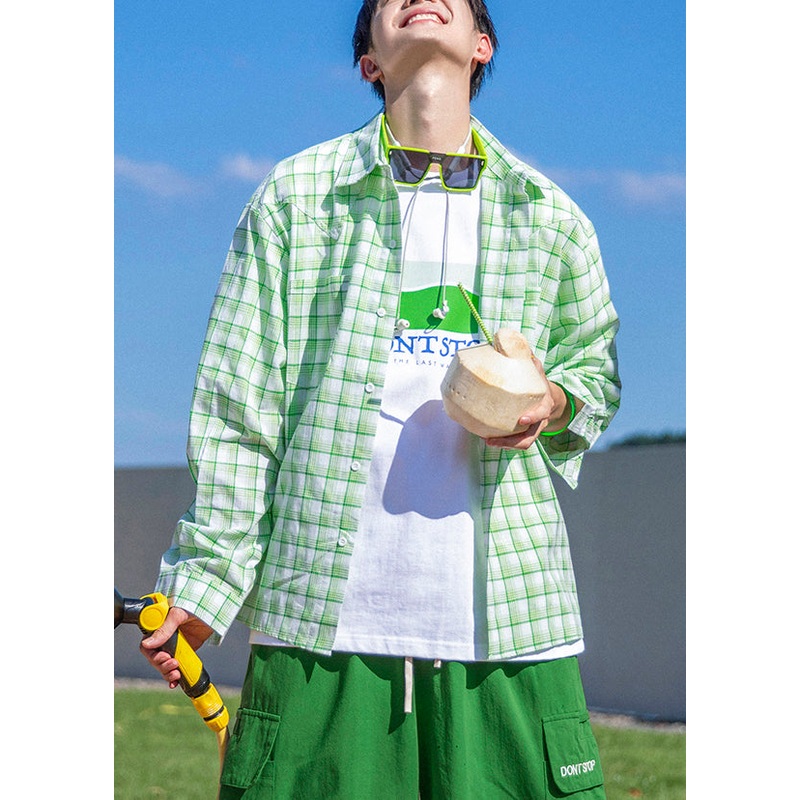 Casual Green Plaid Button Oversized Cotton Men Shirts Spring