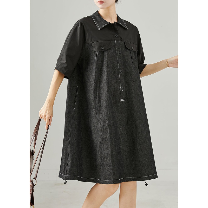 Chic Black Oversized Patchwork Cotton Mid Dress Summer