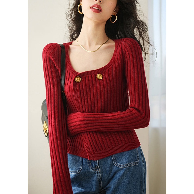 Chic Red O Neck Double Breast Knit Cardigan Spring