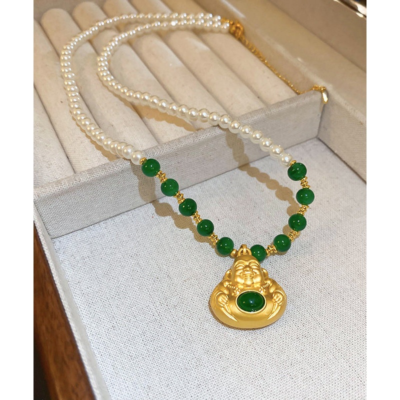 Chinese Style Colorblock Copper Alloy Pearl Buddha Statue Pendant Necklace