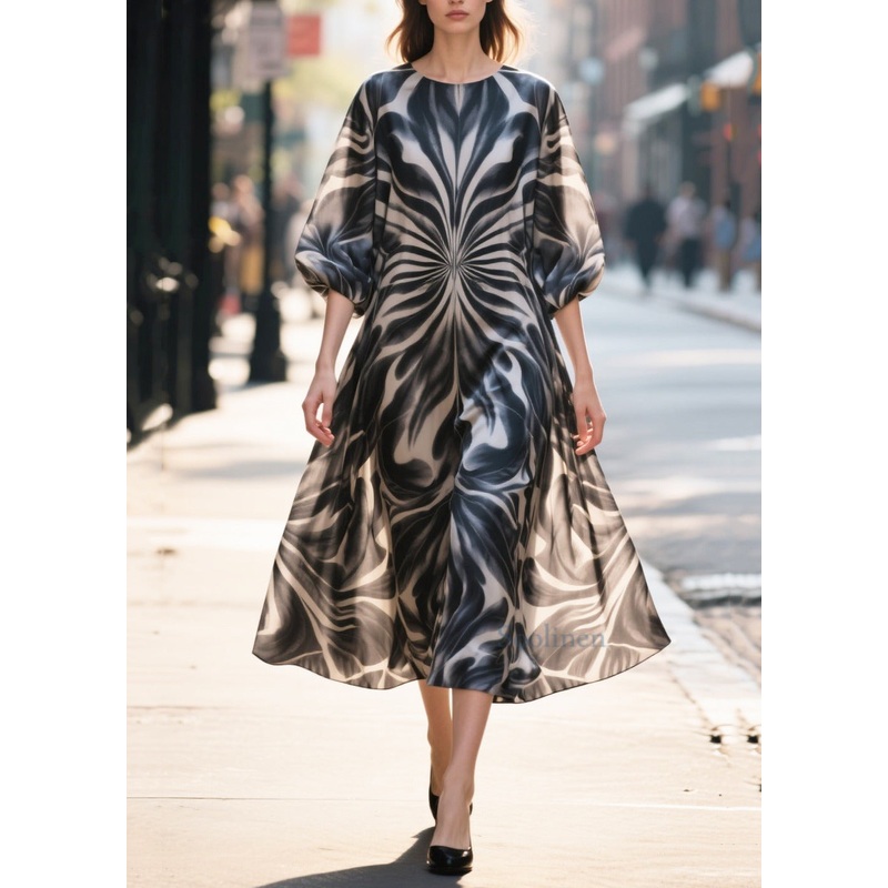 Classy Black Print Chiffon Long Dress Half Sleeve