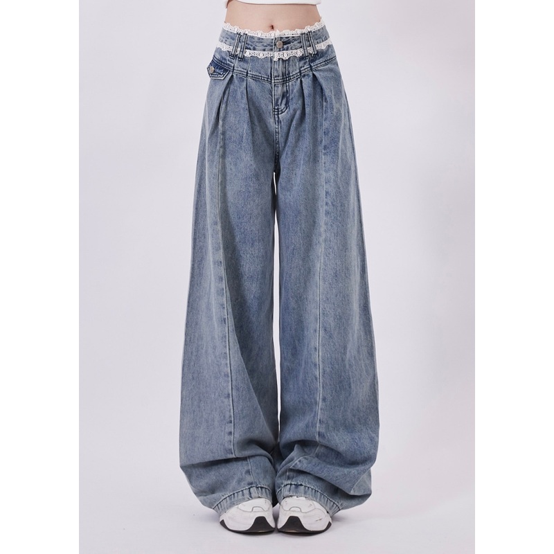 Classy Blue Hight Waist Patchwork Lace Denim Straight Pants Spring