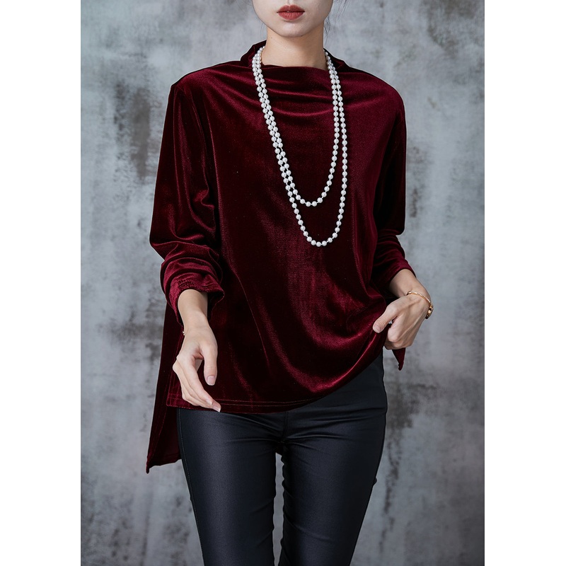 Classy Mulberry Oversized Low High Design Silk Velour Shirt Tops Spring