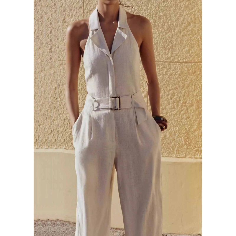 Elegant Beige Halter Pockets Cotton Jumpsuit Sleeveless