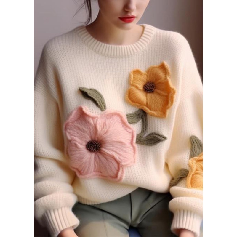 Elegant White O Neck Floral Knit Sweater Tops Spring