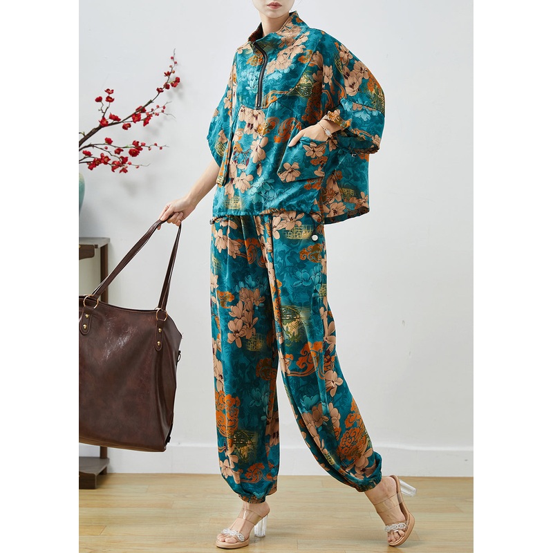 Fashion Sea Blue Zip Up Print Chiffon Two Pieces Set Summer